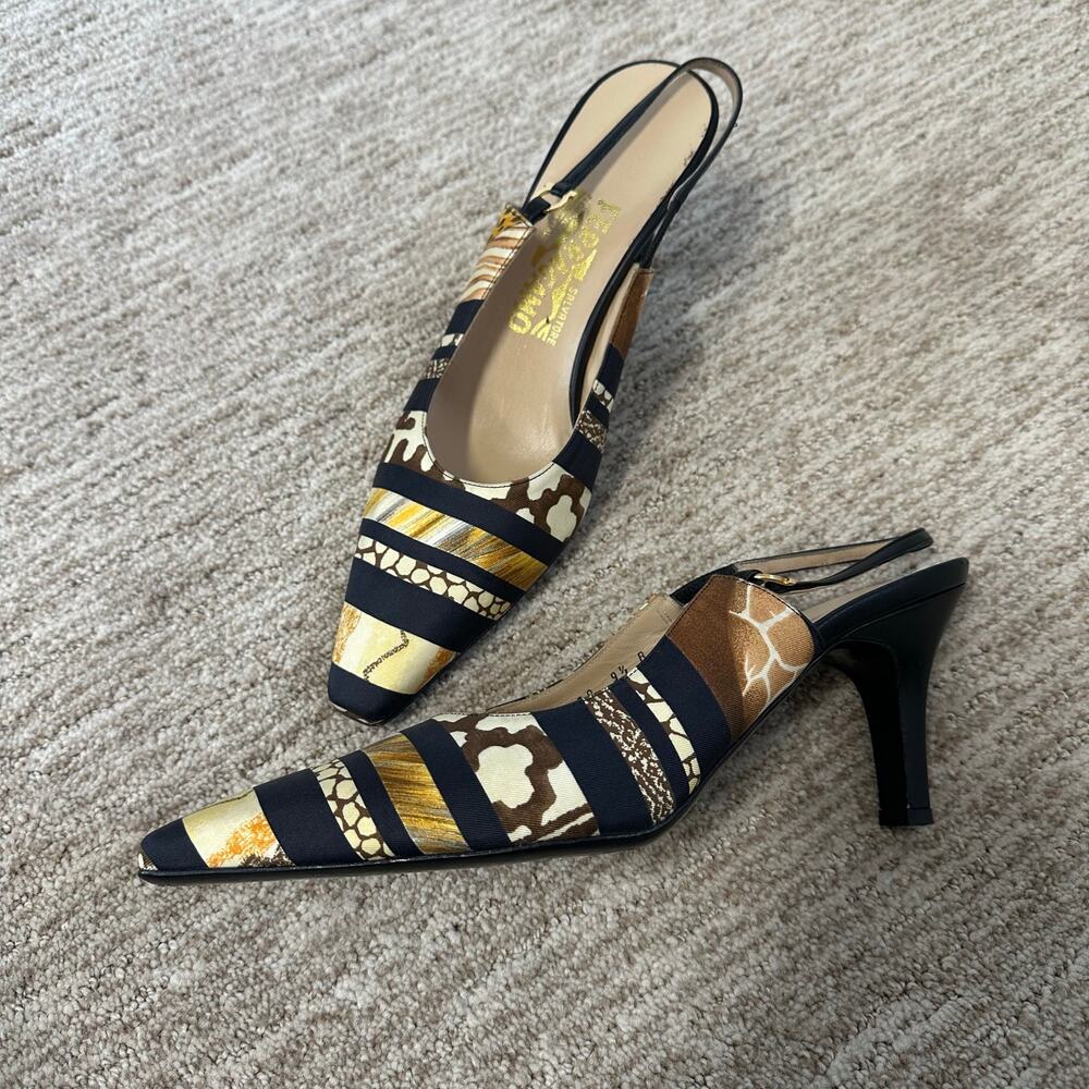 ❌SOLD❌ Salvatore Ferragamo 9.5 satin animal print kitten heel slingback sandal